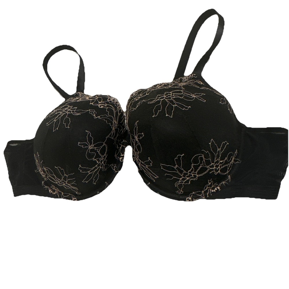 Cacique Bra 48 C Lace Underwire Black With Gold Floral Embroidery